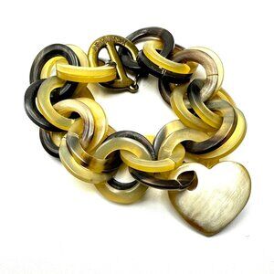 Vintage 1980s YSL Carved Horn Chain Link Bracelet— Heart Charm — Signed — EUC